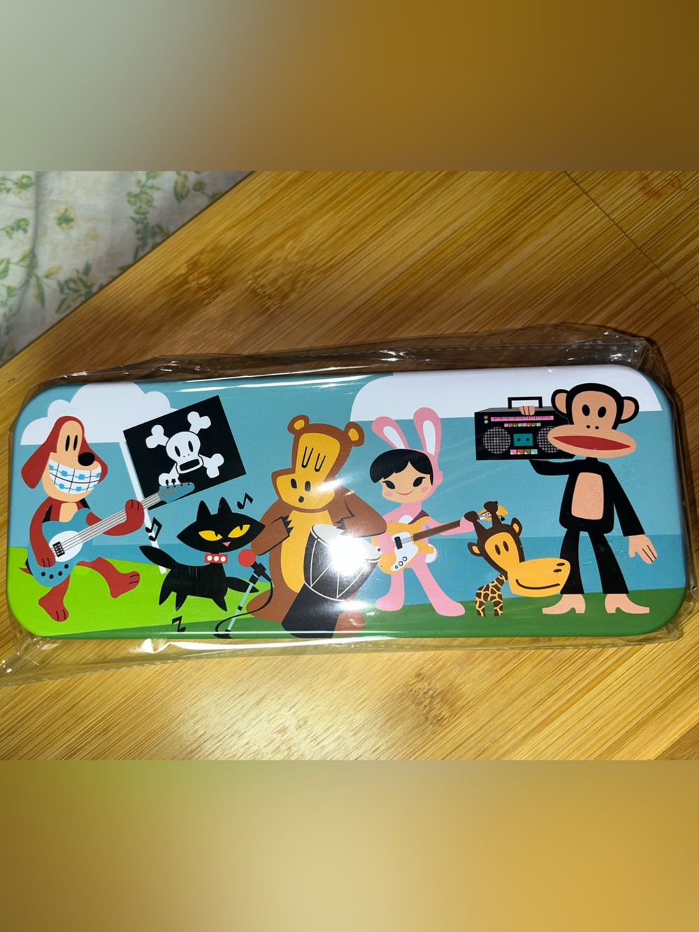 Paul Frank Cartoon Band Metal Pencil Case - Aqua, Green & Pink NEW NWT